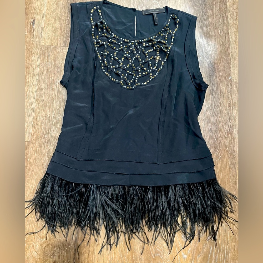 BCBGMaxazria Silk & Feather Top